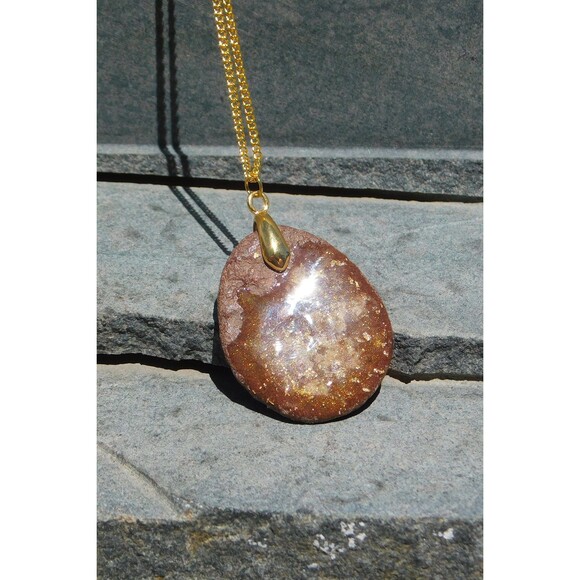 Gold Flecked Resin on Flat Brown Stone Necklace - Picture 5 of 10